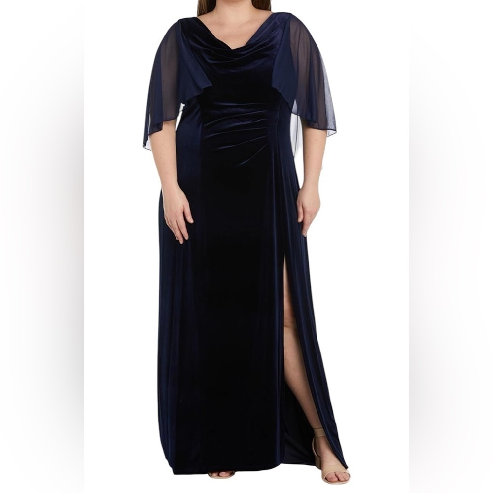 R&M Richards Twilight Blue Velvet Gown with Sheer Capelet, Size 10
